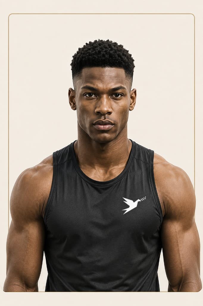 Man athlete in a black sleeveless top, facing forward with a focused expression