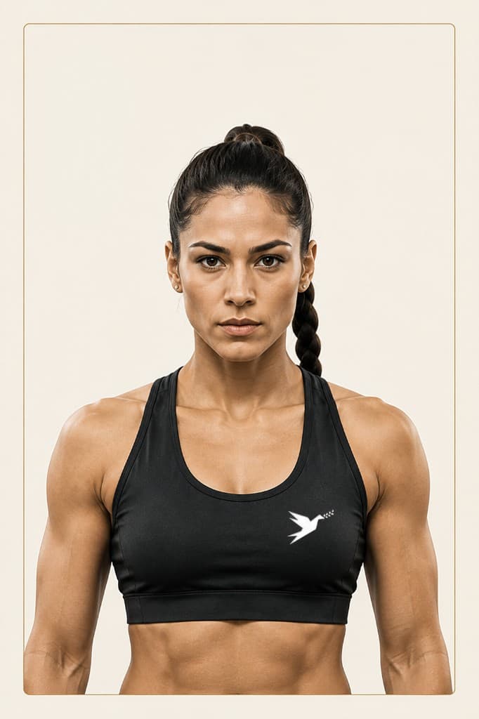 Woman athlete in a black sports bra, facing forward with a focused expression