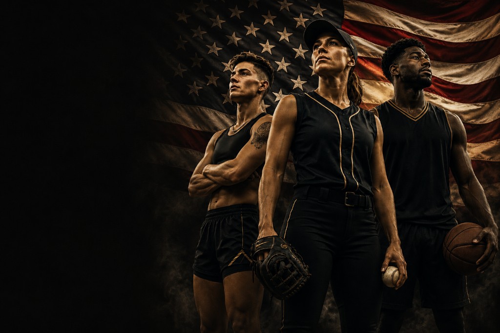 Three DAO Sports Association athletes standing together in front of an American flag